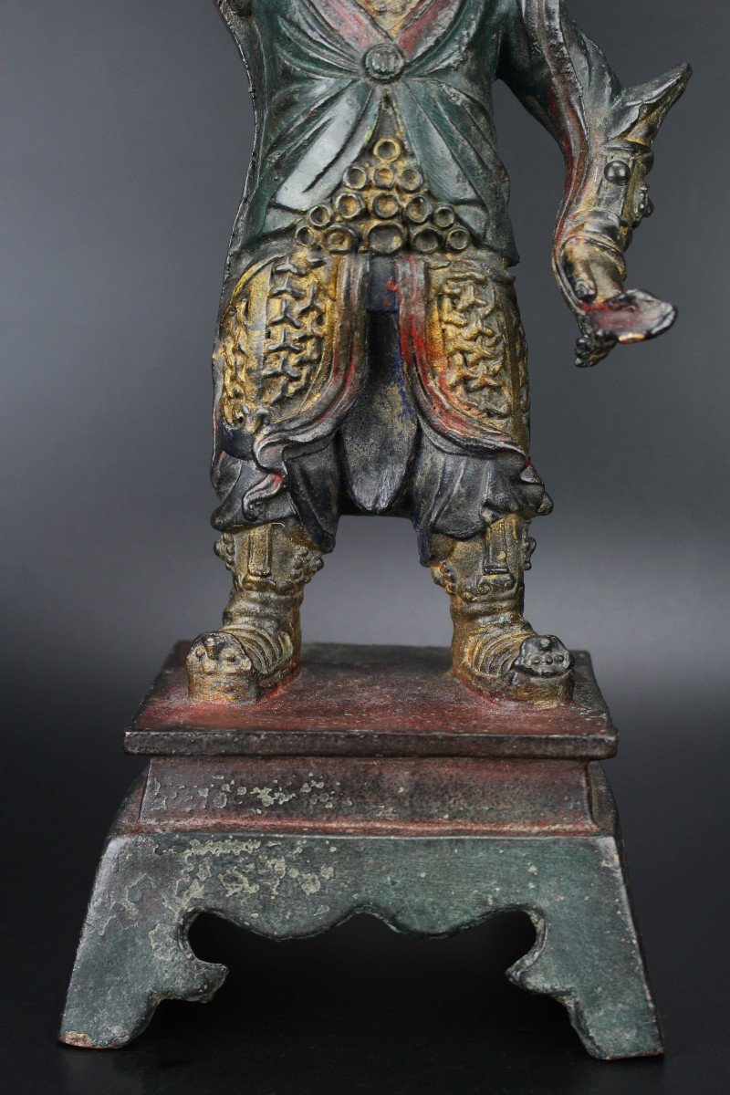 Figure Chinoise En Bronze De La Dynastie Ming Grande Parcelle Antique Dorée Sculpture Peinte-photo-3