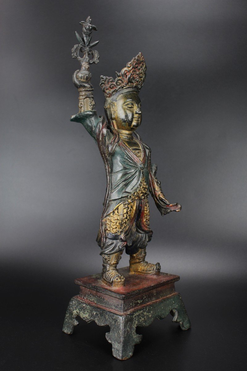 Figure Chinoise En Bronze De La Dynastie Ming Grande Parcelle Antique Dorée Sculpture Peinte-photo-4