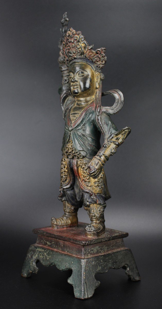 Figure Chinoise En Bronze De La Dynastie Ming Grande Parcelle Antique Dorée Sculpture Peinte-photo-4