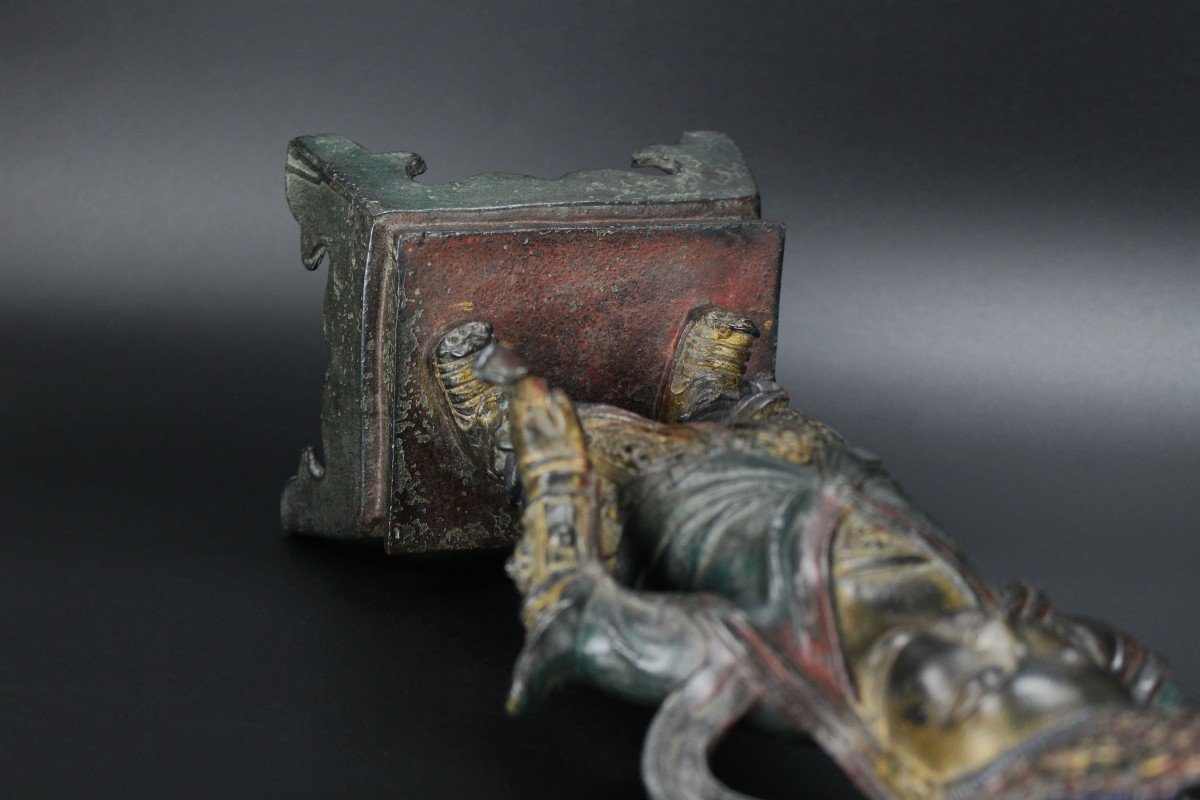 Figure Chinoise En Bronze De La Dynastie Ming Grande Parcelle Antique Dorée Sculpture Peinte-photo-6