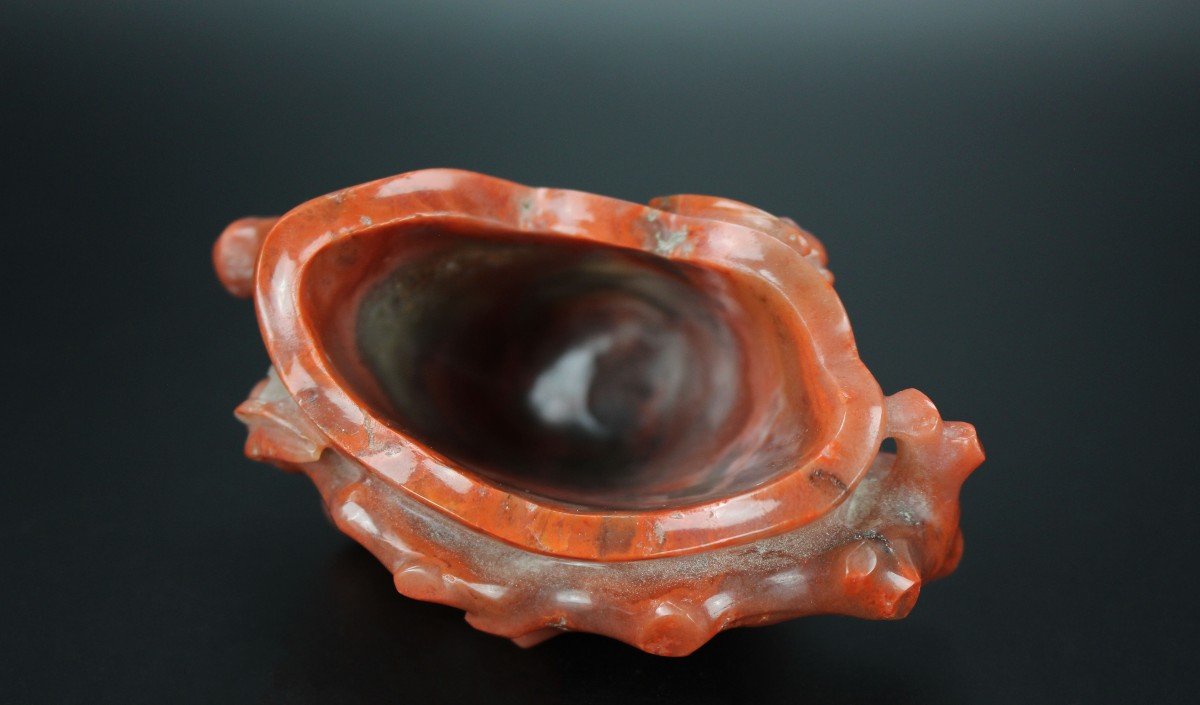 Vase Ou Rondelle De Brosse En Agate De Cornaline Chinoise Dynastie Qing Sculpture 18e Siècle-photo-2