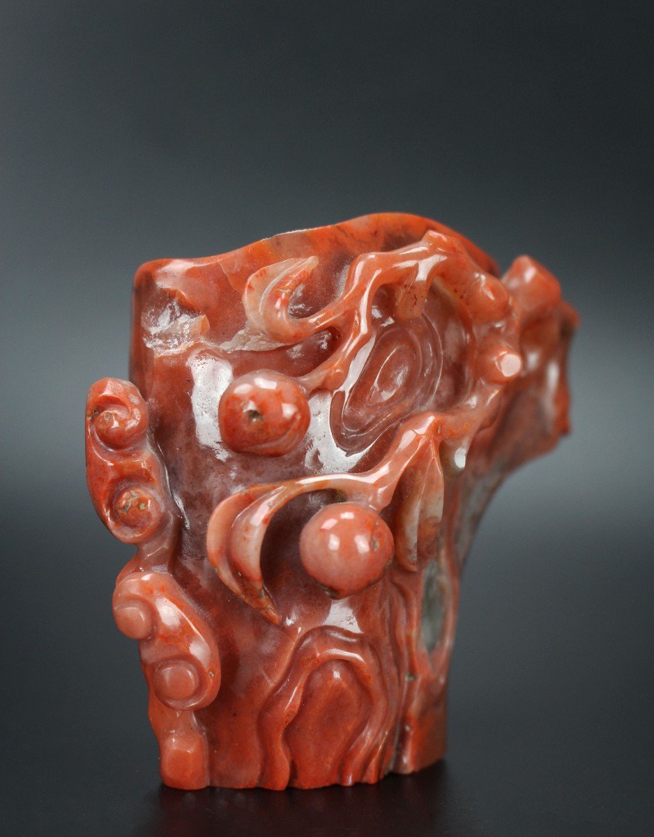 Vase Ou Rondelle De Brosse En Agate De Cornaline Chinoise Dynastie Qing Sculpture 18e Siècle-photo-3