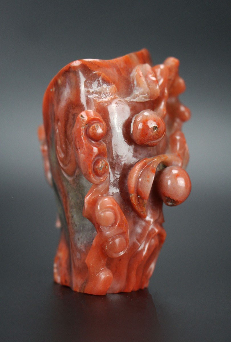 Vase Ou Rondelle De Brosse En Agate De Cornaline Chinoise Dynastie Qing Sculpture 18e Siècle-photo-4