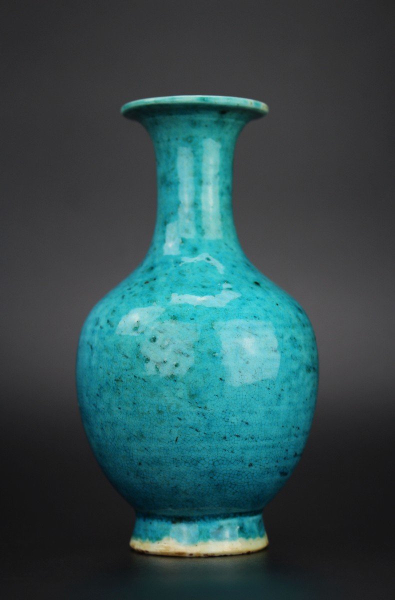Chinese Porcelain Kangxi Monochrome Turquoise Crackled Vase Qing Dynasty Antique 18th Century -photo-2