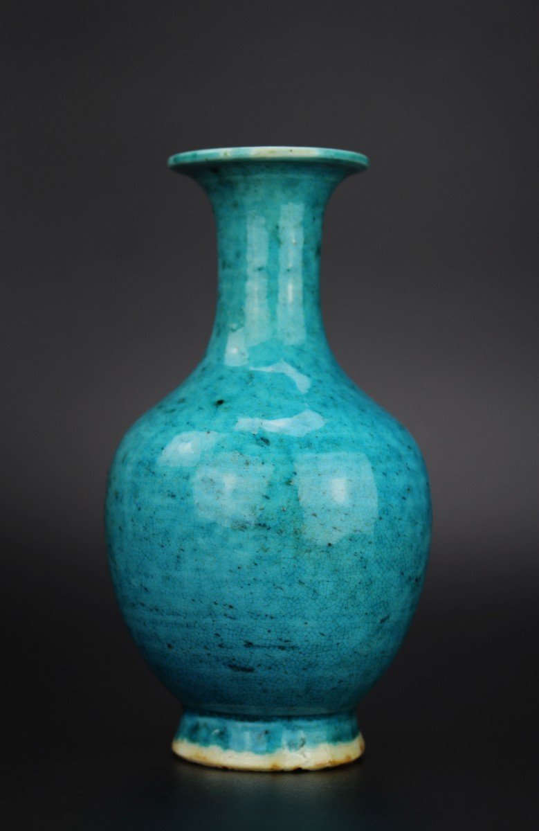 Chinese Porcelain Kangxi Monochrome Turquoise Crackled Vase Qing Dynasty Antique 18th Century -photo-3