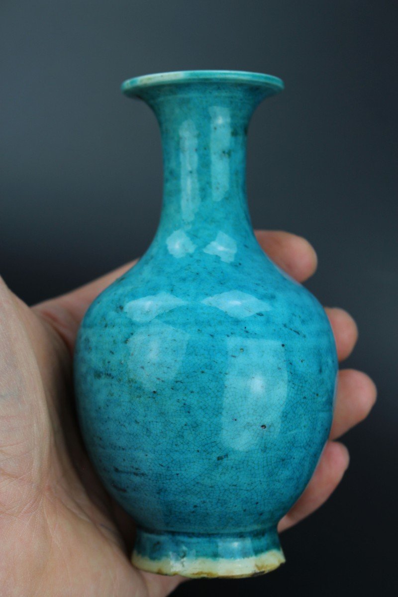 Chinese Porcelain Kangxi Monochrome Turquoise Crackled Vase Qing Dynasty Antique 18th Century -photo-5