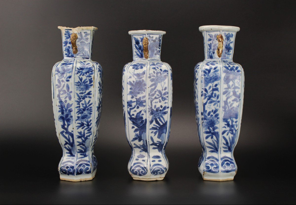Vases En Porcelaine Chinoise Kangxi 3x Bleu Et Blanc Antique De La Dynastie Qing Du 18e Siècle-photo-2