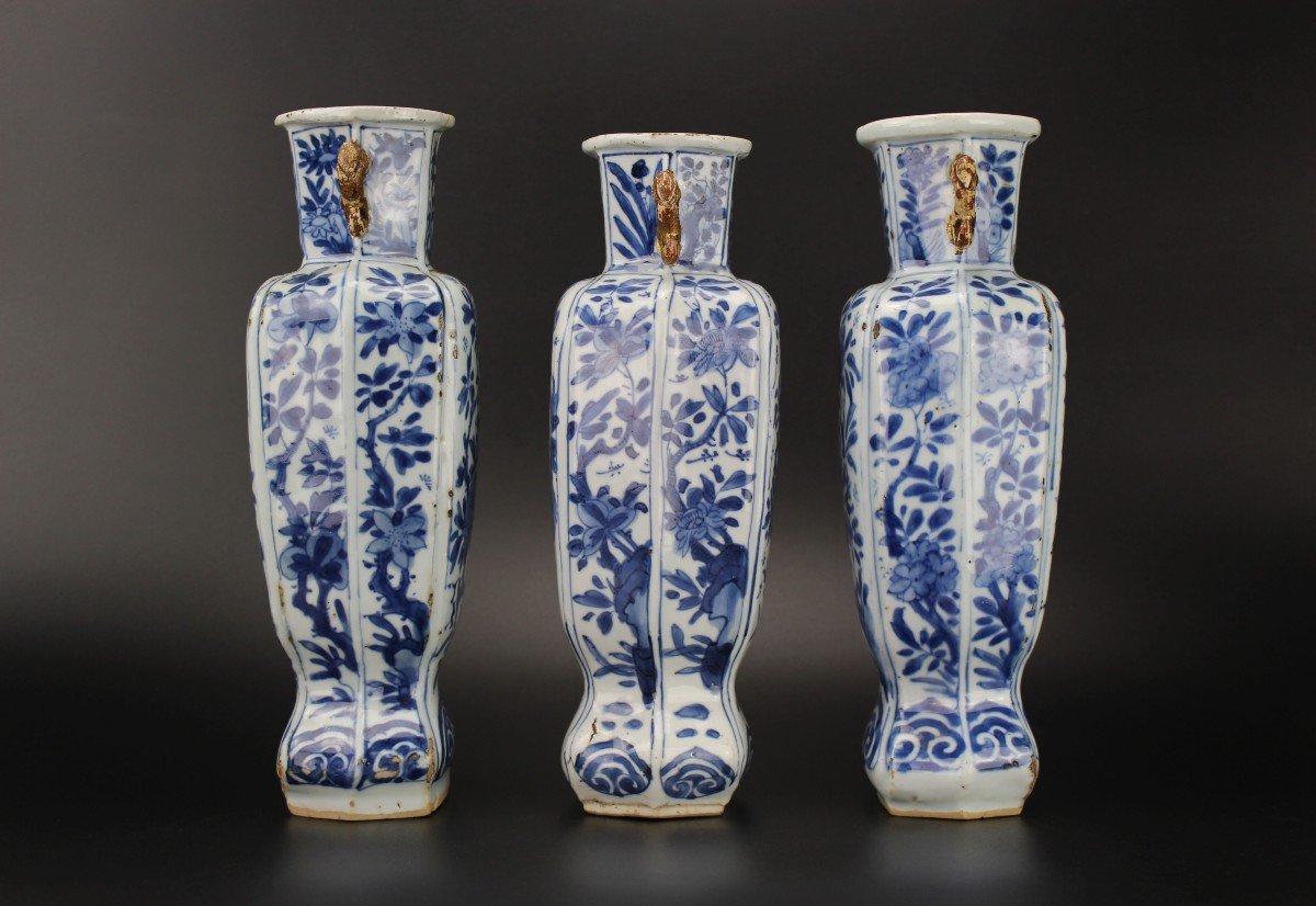 Vases En Porcelaine Chinoise Kangxi 3x Bleu Et Blanc Antique De La Dynastie Qing Du 18e Siècle-photo-3