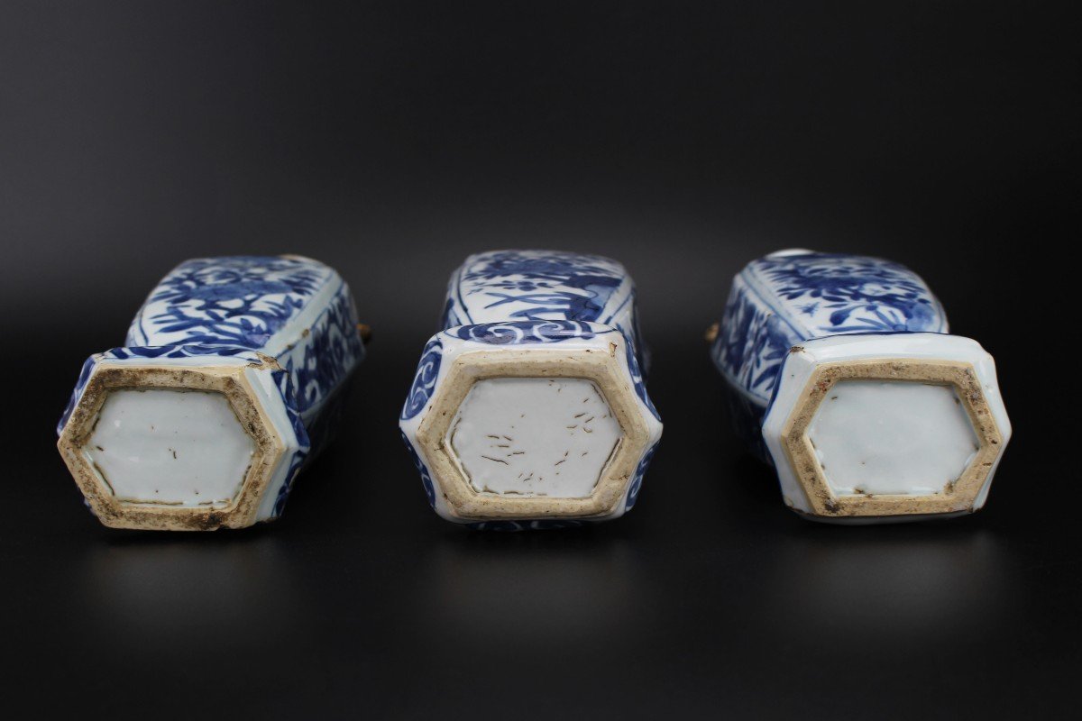 Vases En Porcelaine Chinoise Kangxi 3x Bleu Et Blanc Antique De La Dynastie Qing Du 18e Siècle-photo-2