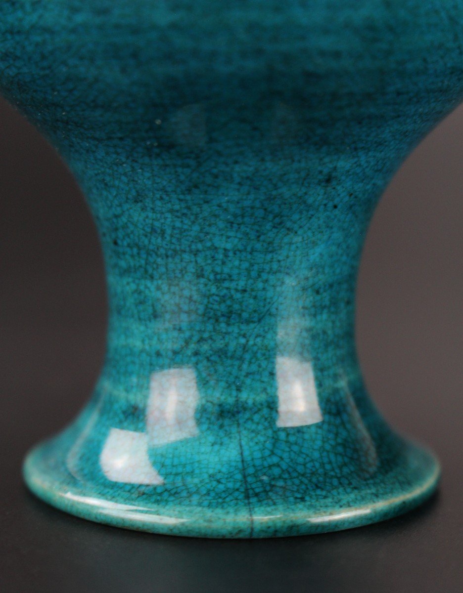 Vase En Porcelaine Chinoise Kangxi Monochrome Turquoise Craquelé, Dynastie Qing XVIIIe Siècle-photo-6