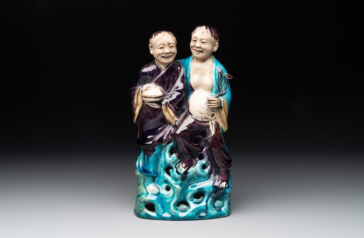 Groupe de figurines en porcelaine chinoise Hehe Erxian XIXe siècle / période de la République-photo-2