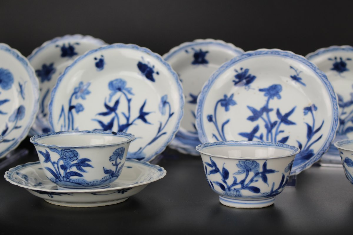 Kangxi Bleu Et Blanc 6 Tasses à Thé Et 8 Soucoupes Marquées Dynastie Qing Antique Porcelaine-photo-3