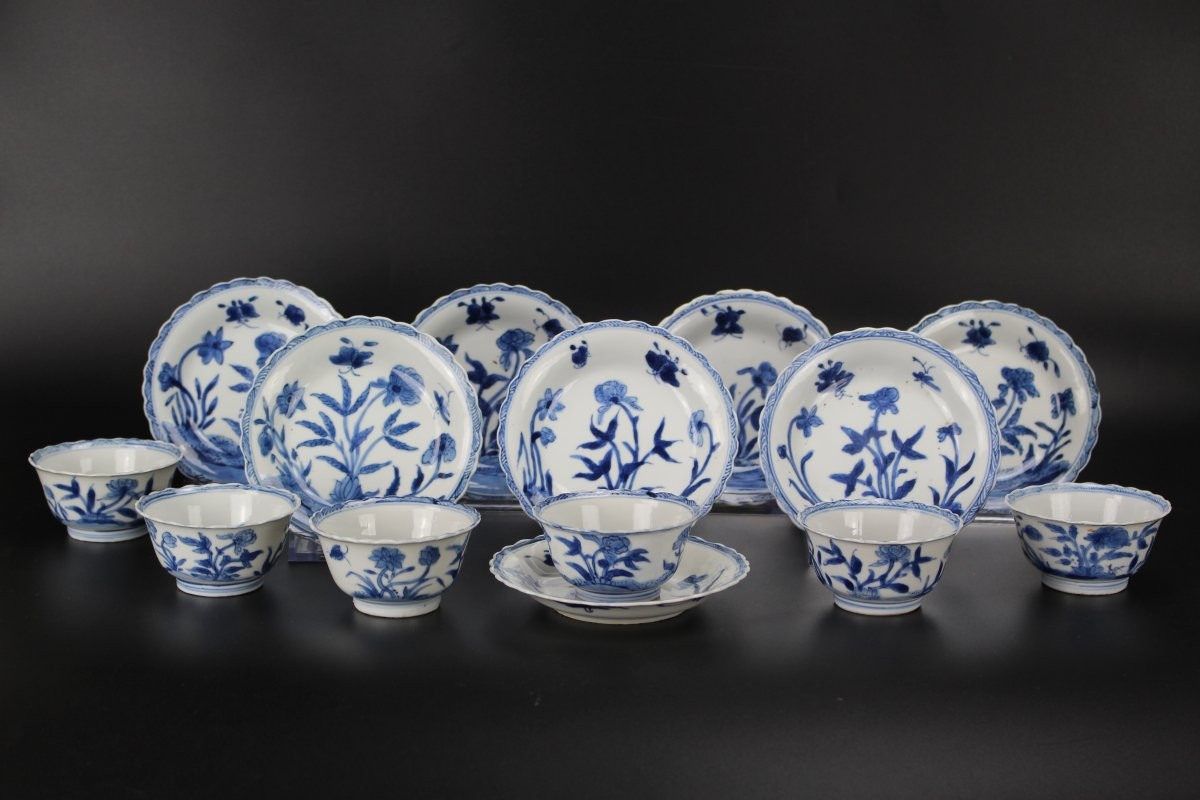 Kangxi Bleu Et Blanc 6 Tasses à Thé Et 8 Soucoupes Marquées Dynastie Qing Antique Porcelaine-photo-8