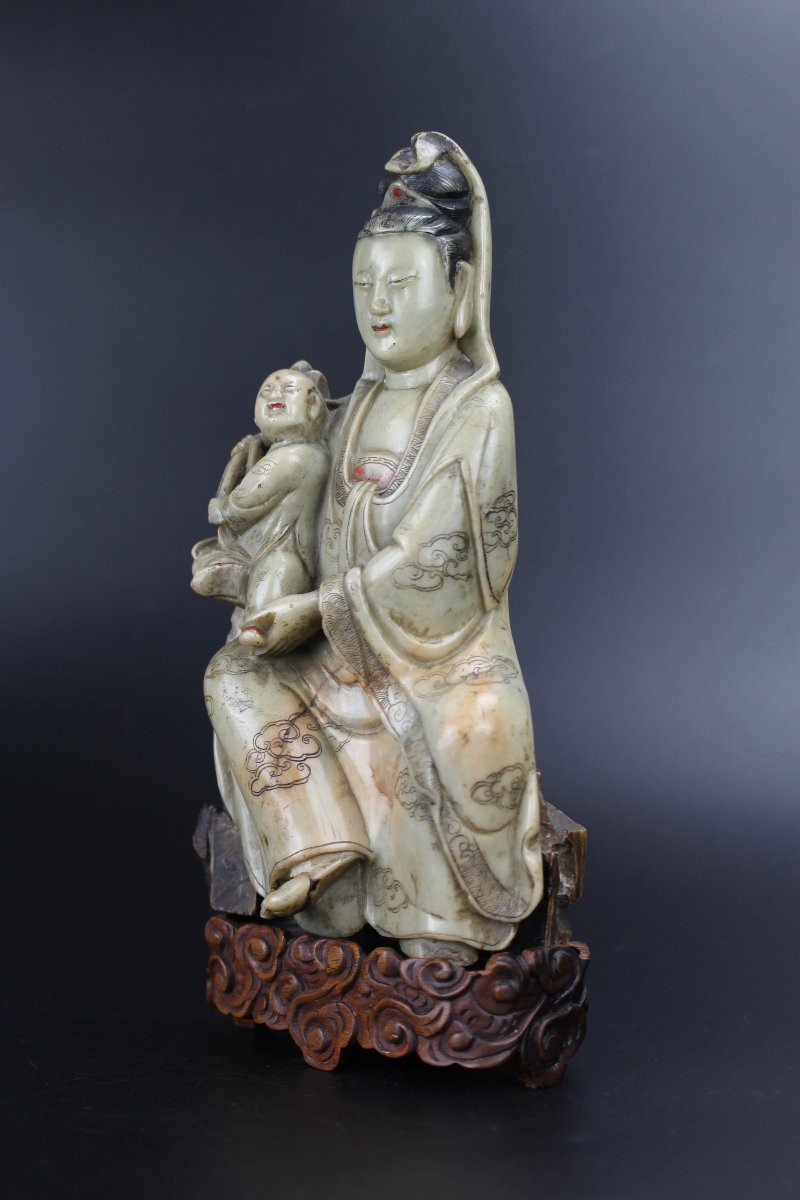 Chinese Soapstone Guanyin Figure 18th / 19th Century Carved Hardstone Sculpture Qing Dynasty-photo-6