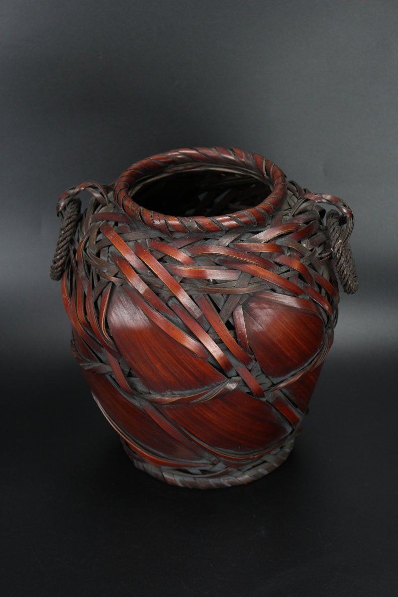 Panier japonais Ikebana en bambou pour arrangement floral, vase, pot tissé antique, Showa-photo-2