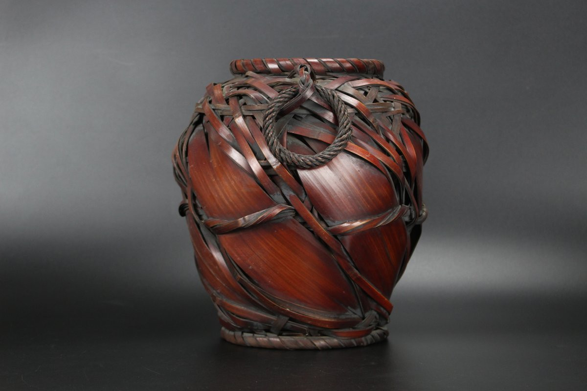 Panier japonais Ikebana en bambou pour arrangement floral, vase, pot tissé antique, Showa-photo-4