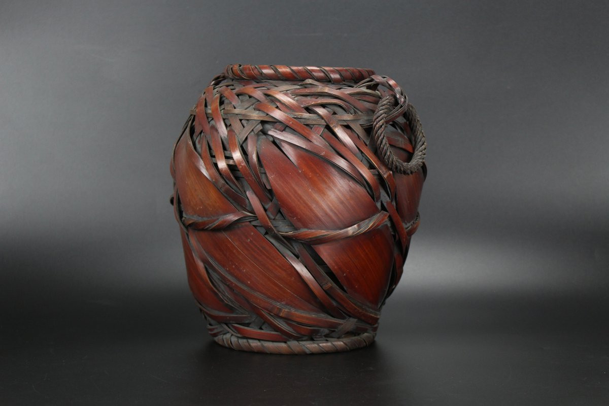 Panier japonais Ikebana en bambou pour arrangement floral, vase, pot tissé antique, Showa-photo-1