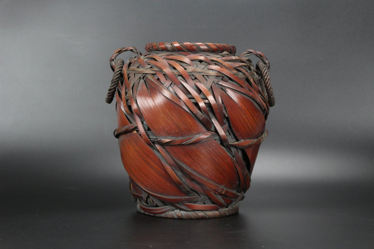 Panier japonais Ikebana en bambou pour arrangement floral, vase, pot tissé antique, Showa-photo-2