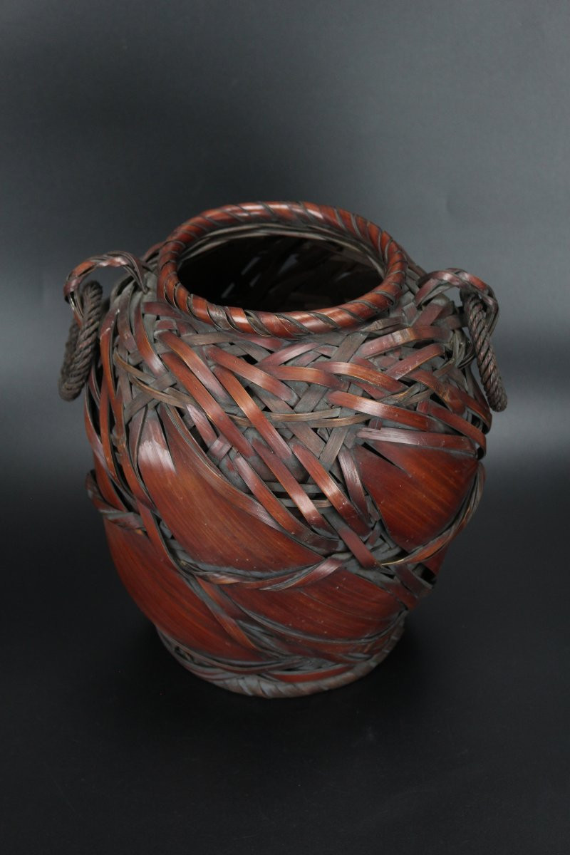 Panier japonais Ikebana en bambou pour arrangement floral, vase, pot tissé antique, Showa-photo-3