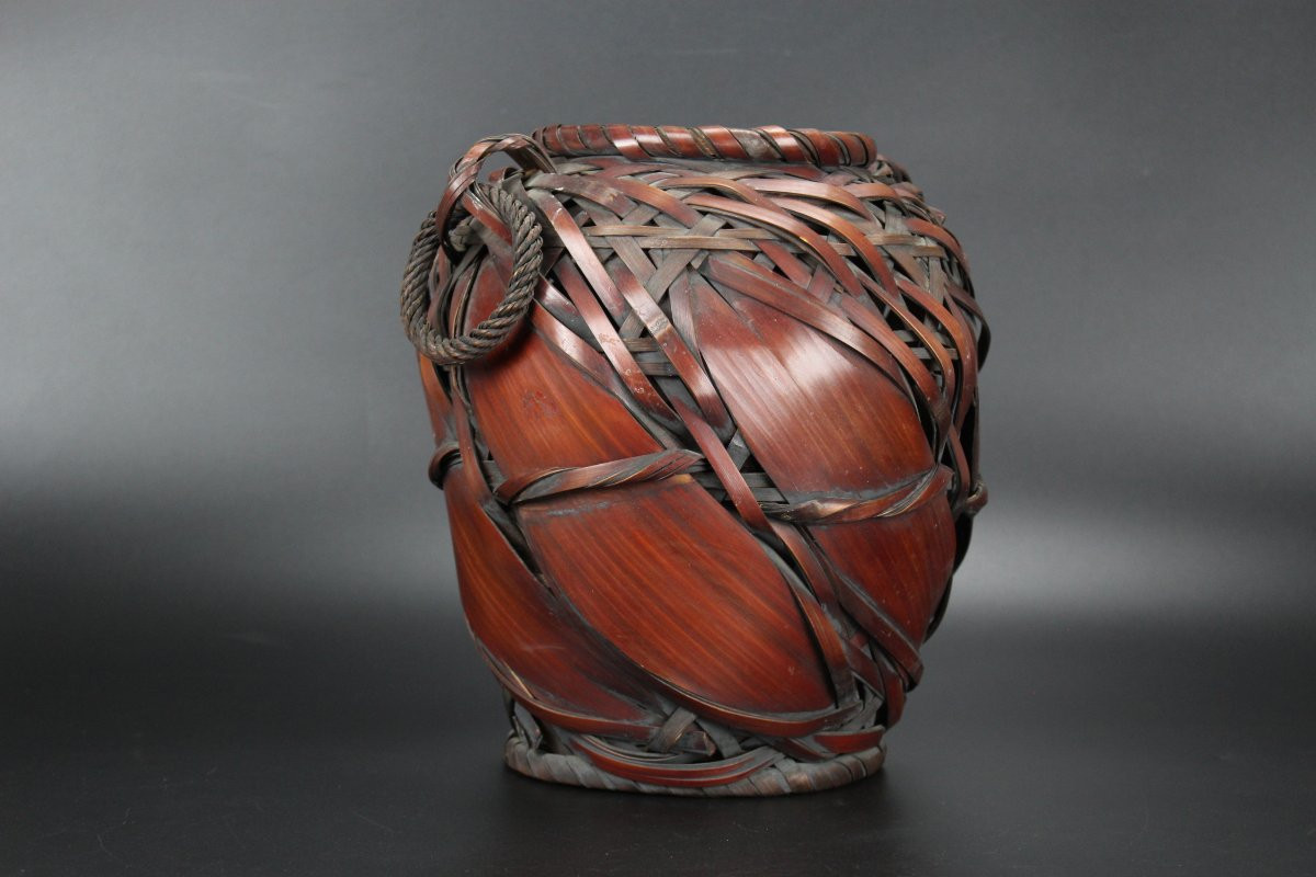 Panier japonais Ikebana en bambou pour arrangement floral, vase, pot tissé antique, Showa-photo-4