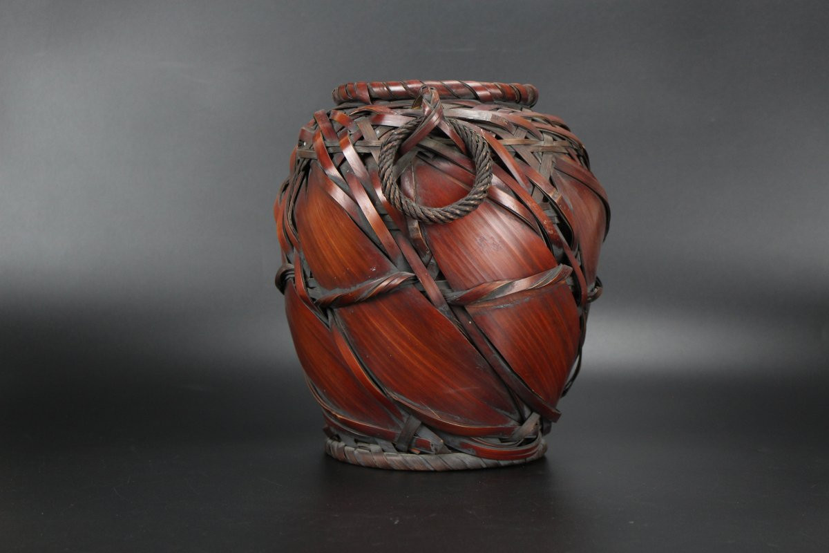 Panier japonais Ikebana en bambou pour arrangement floral, vase, pot tissé antique, Showa-photo-5