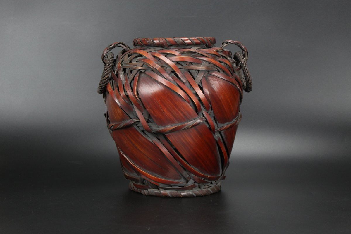 Panier japonais Ikebana en bambou pour arrangement floral, vase, pot tissé antique, Showa-photo-6