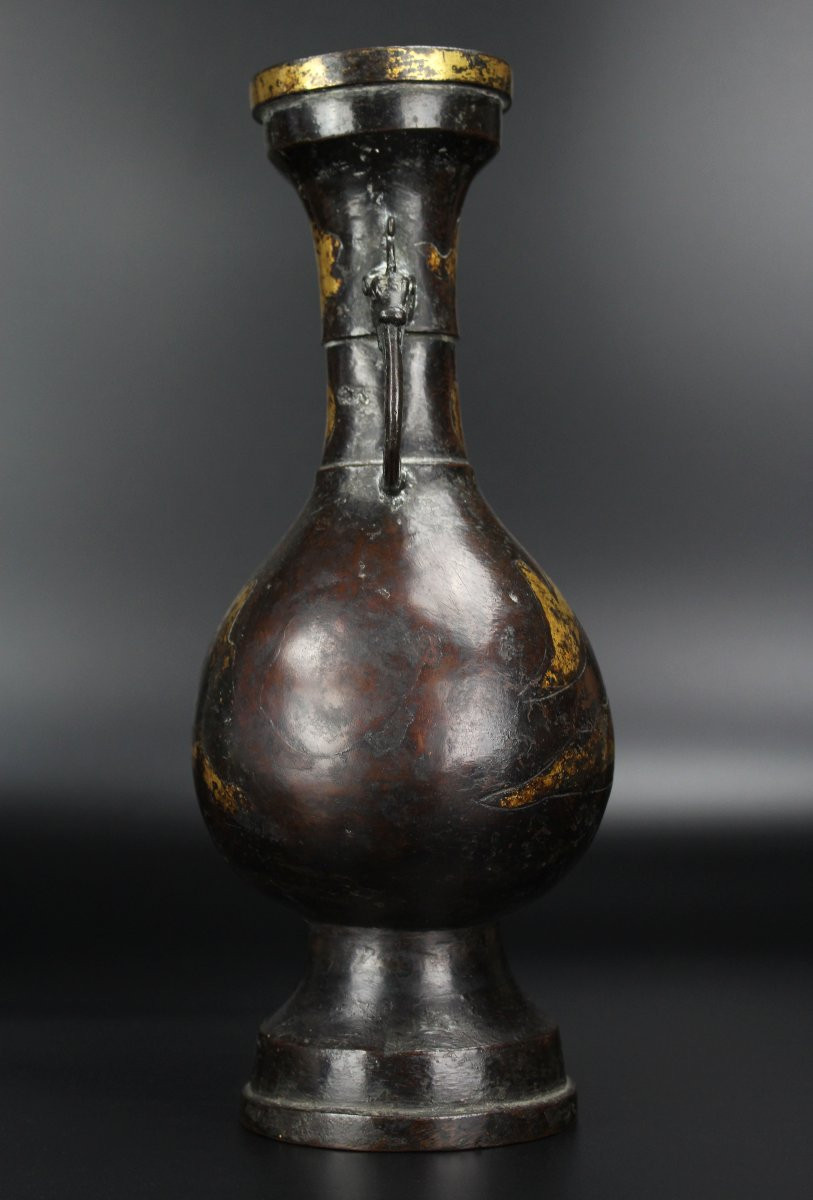 Vase en bronze chinois dynastie Ming / dynastie Yuan vase à fleurs doré à parcelles dragons-photo-3