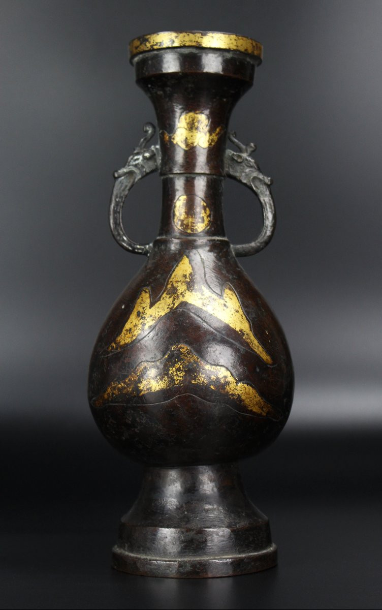 Vase en bronze chinois dynastie Ming / dynastie Yuan vase à fleurs doré à parcelles dragons-photo-8