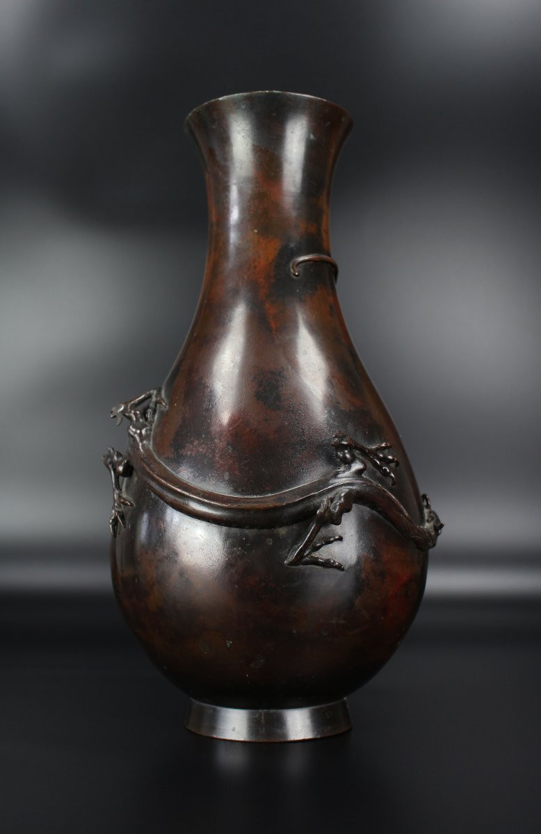 Vase en bronze japonais époque Meiji (1868-1912) antique XIXe siècle Hu pot avec dragon-photo-2