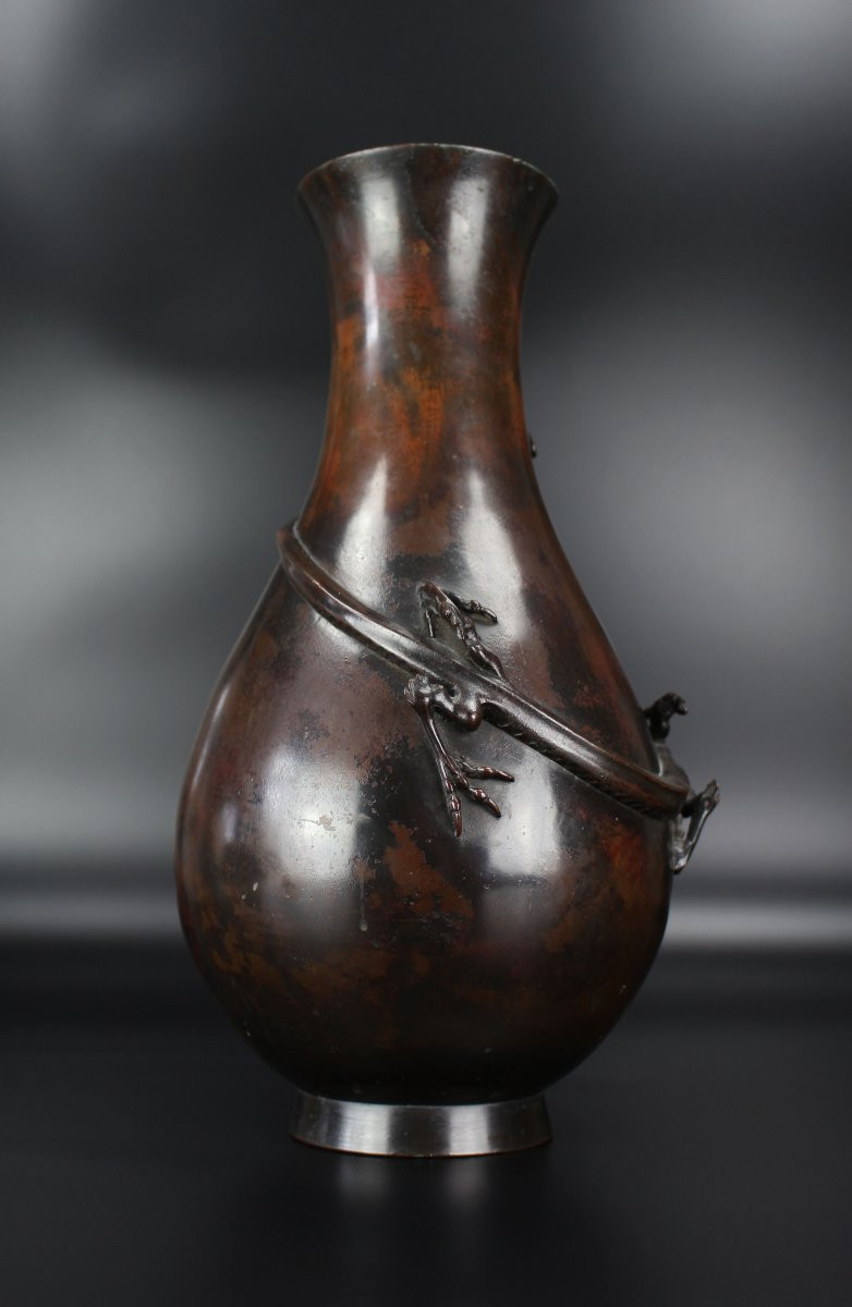 Vase en bronze japonais époque Meiji (1868-1912) antique XIXe siècle Hu pot avec dragon-photo-3