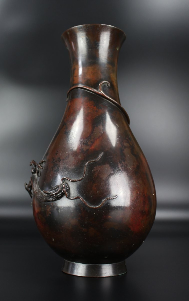 Vase en bronze japonais époque Meiji (1868-1912) antique XIXe siècle Hu pot avec dragon-photo-4