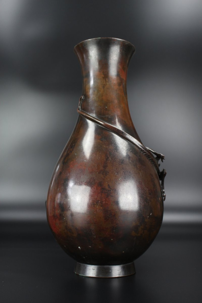 Vase en bronze japonais époque Meiji (1868-1912) antique XIXe siècle Hu pot avec dragon-photo-7