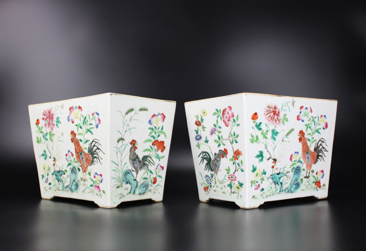 Chinese Porcelain Famille Rose ‘rooster’ Jardinieres 2x Qing Dynasty 19th Century Bonsai Pot -photo-3