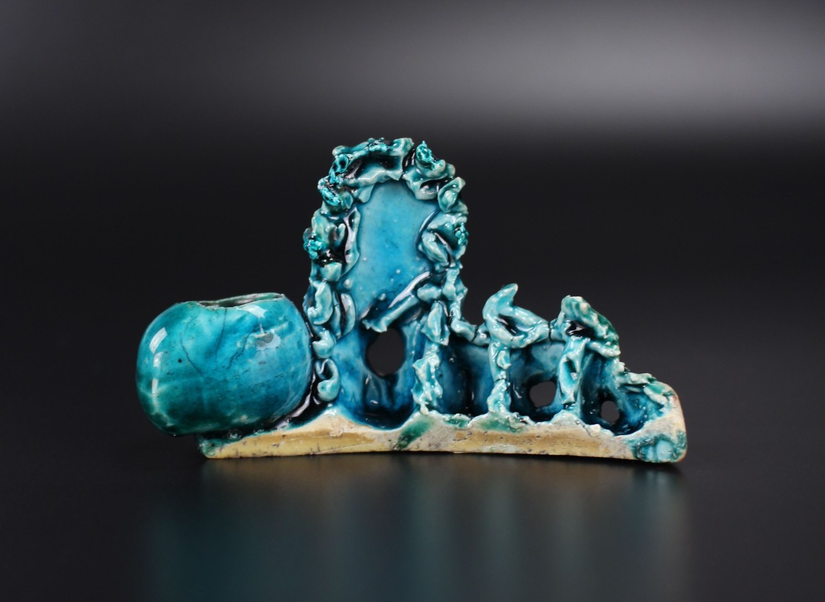 Chinese Porcelain Brush Rest With Turquoise Glaze, "mountain And Peach" Decoration, Kangxi
