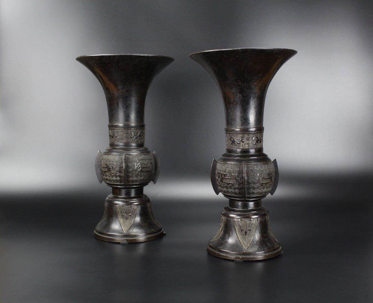A Pair Of Large Chinese Archaistic Bronze ‘gu' Vases, Ming / Qing Dynasty, 17th-18th Century