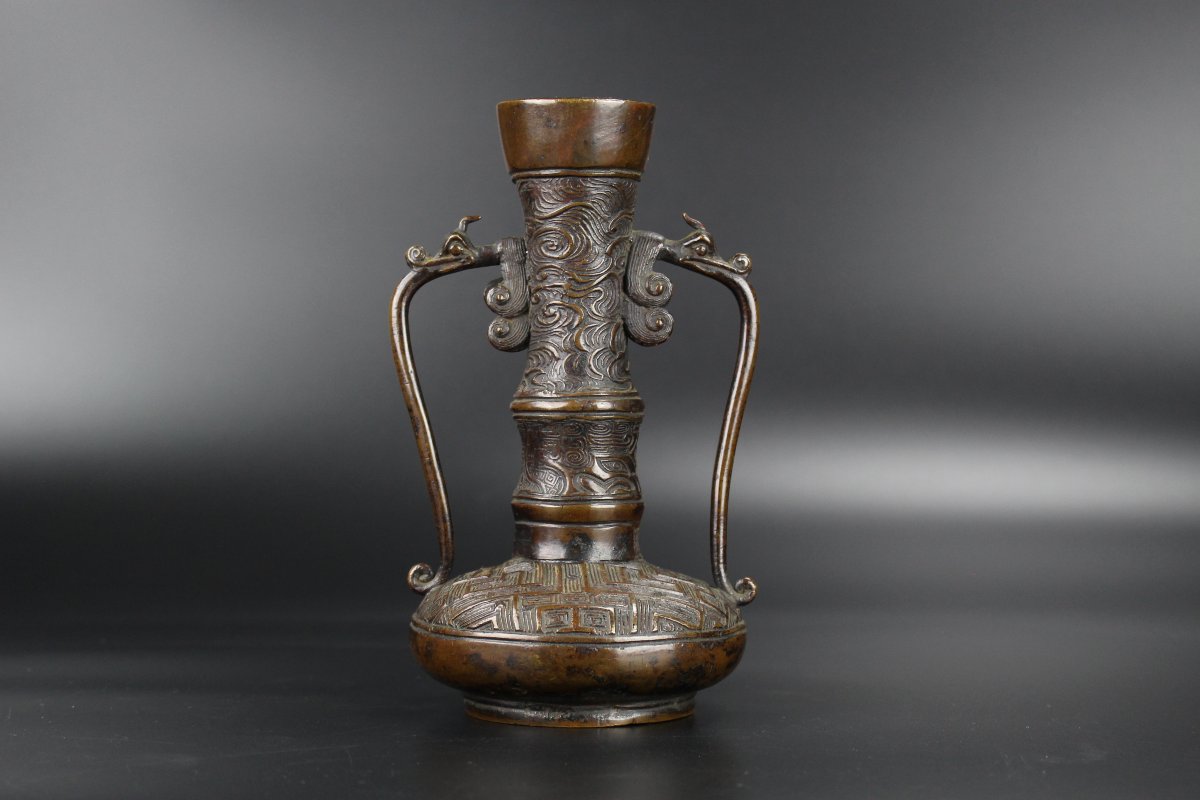 Japanese Bronze Archaic Flower Vase, 18th/19th Century, Xuande Marked-photo-4