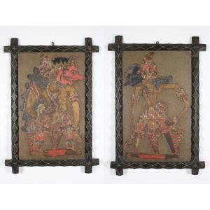 2 Antique Indonesian Javanese Wayang Mahabharata Polychrome Carved Wooden Panels