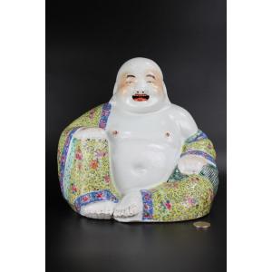 Porcelaine Chinoise Période République Famille Rose Grande Figurine Budai Sculpture Ancienne