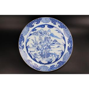 Chinese Porcelain Kangxi Large Plate 37.8 Cm Blue & White Qing Dynasty Master Of The Rocks Dish