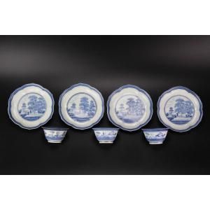 Bols à Thé Et Soucoupes En Porcelaine Japonaise Bleu Et Blanc Van Frytom 7x Arita Période Edo