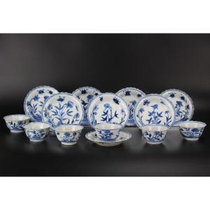 Kangxi Bleu Et Blanc 6 Tasses à Thé Et 8 Soucoupes Marquées Dynastie Qing Antique Porcelaine