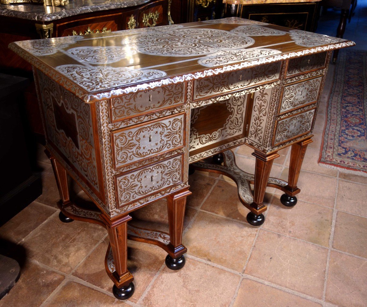 Mazarin Desk In Pewter Marquetry, Louis XIV Period-photo-2