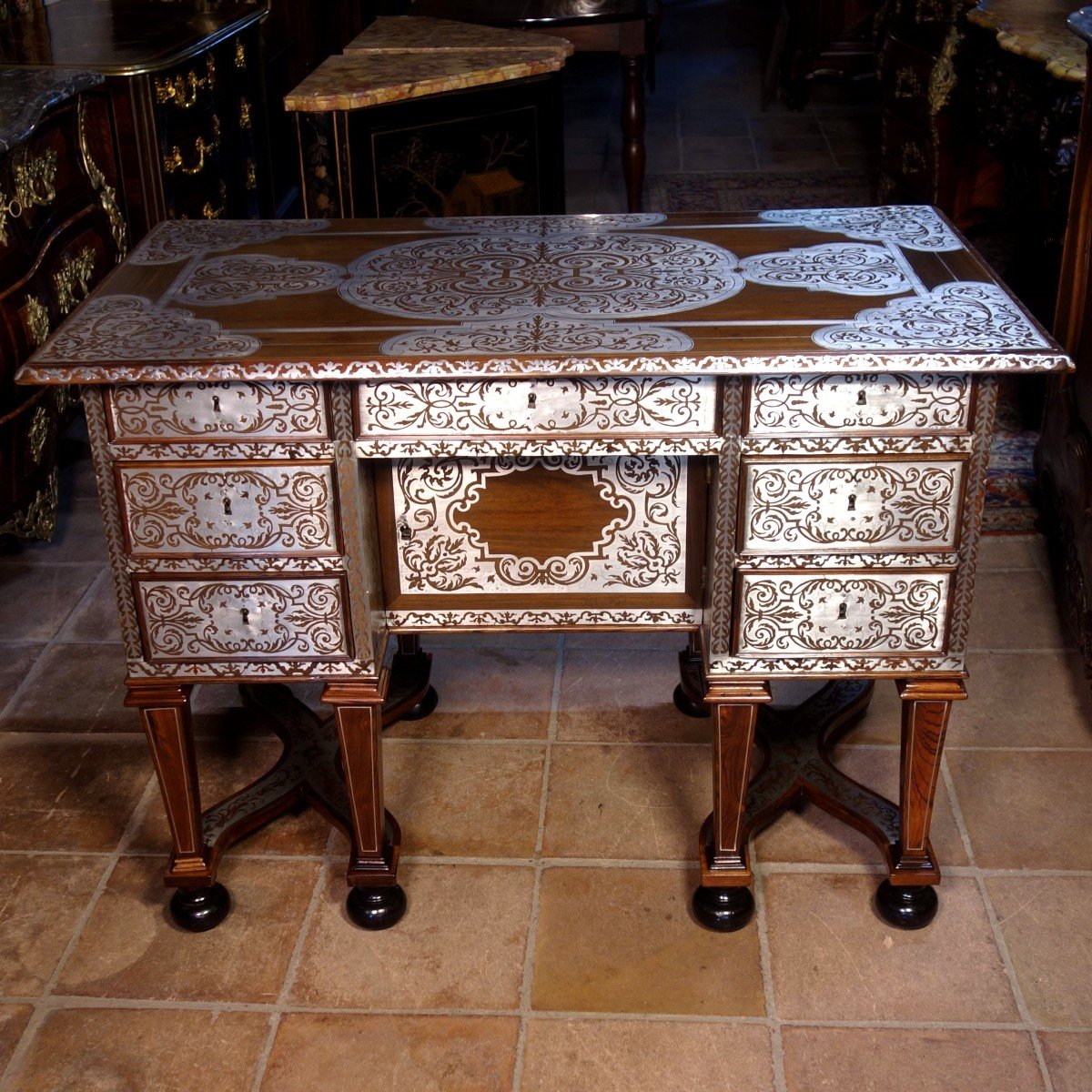 Bureau Mazarin En Marqueterie D’étain, époque Louis XIV