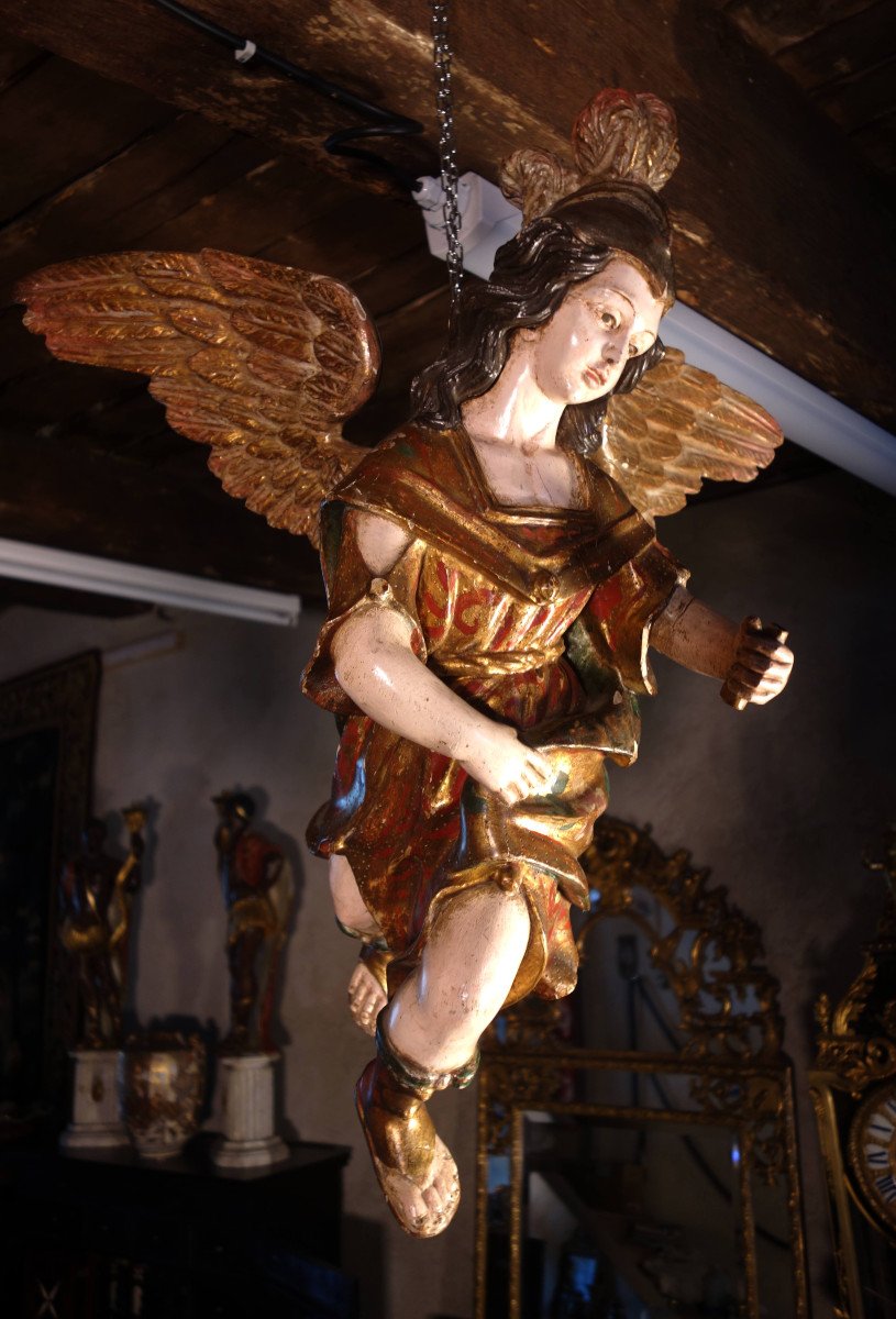 Paire D’anges Suspendus En Bois Polychrome Et Doré -photo-3