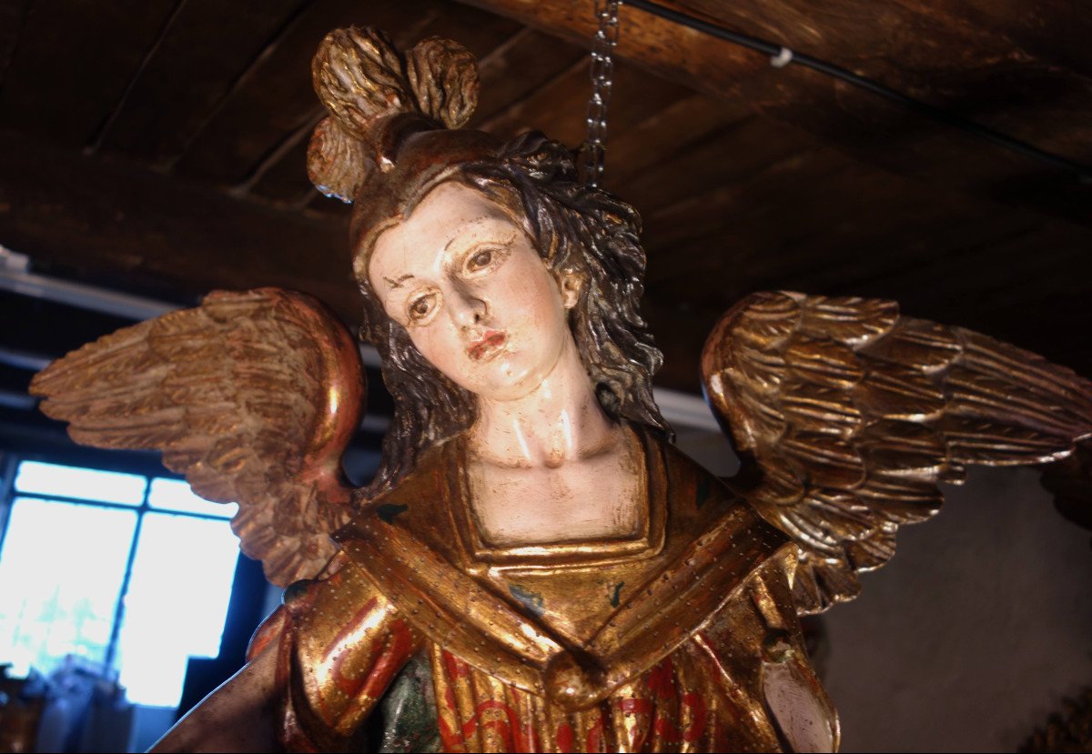 Paire D’anges Suspendus En Bois Polychrome Et Doré -photo-1