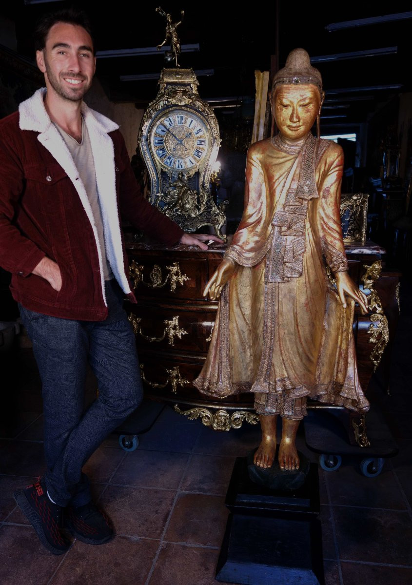 Grand Bouddha Birman en bois sculpté doré-photo-2