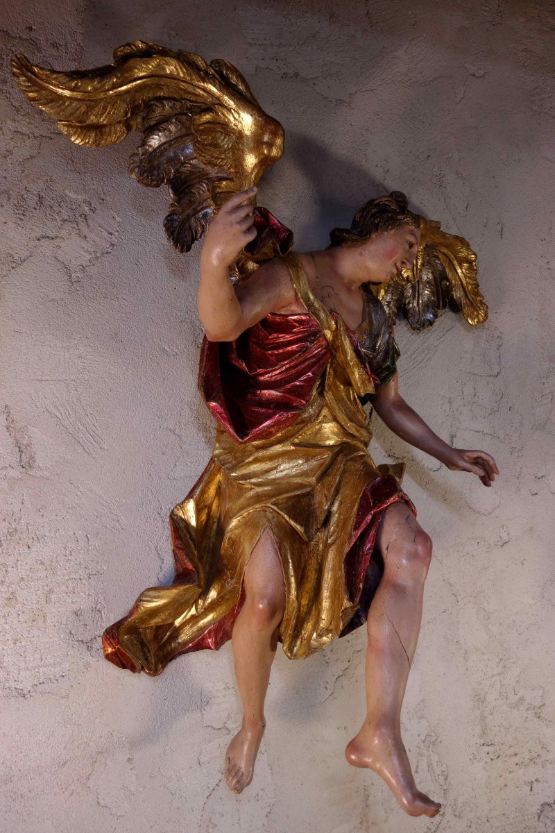 Statue Of The Archangel Gabriel In Gilded And Polychrome Wood-photo-3