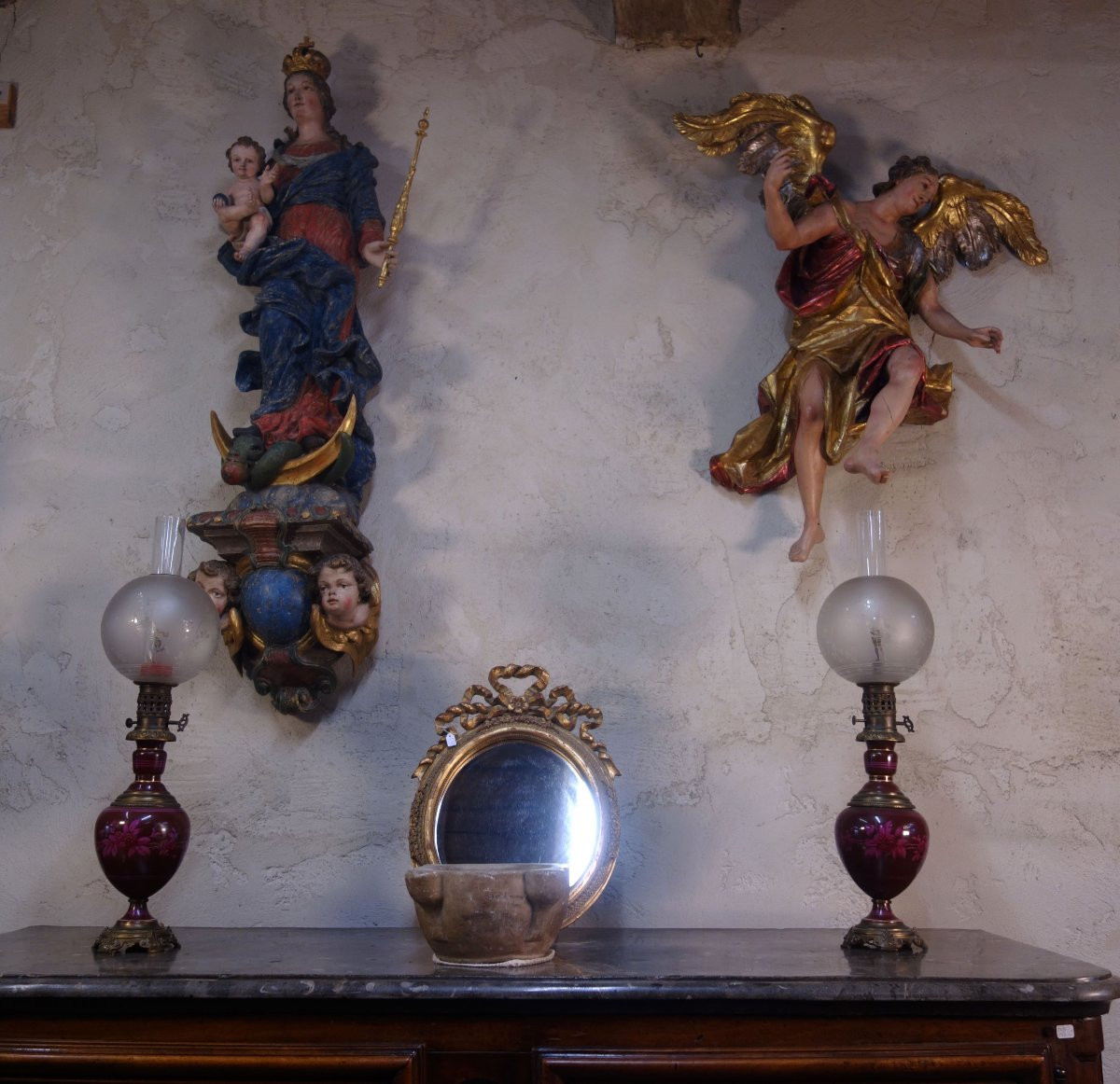 Statue Of The Archangel Gabriel In Gilded And Polychrome Wood-photo-8