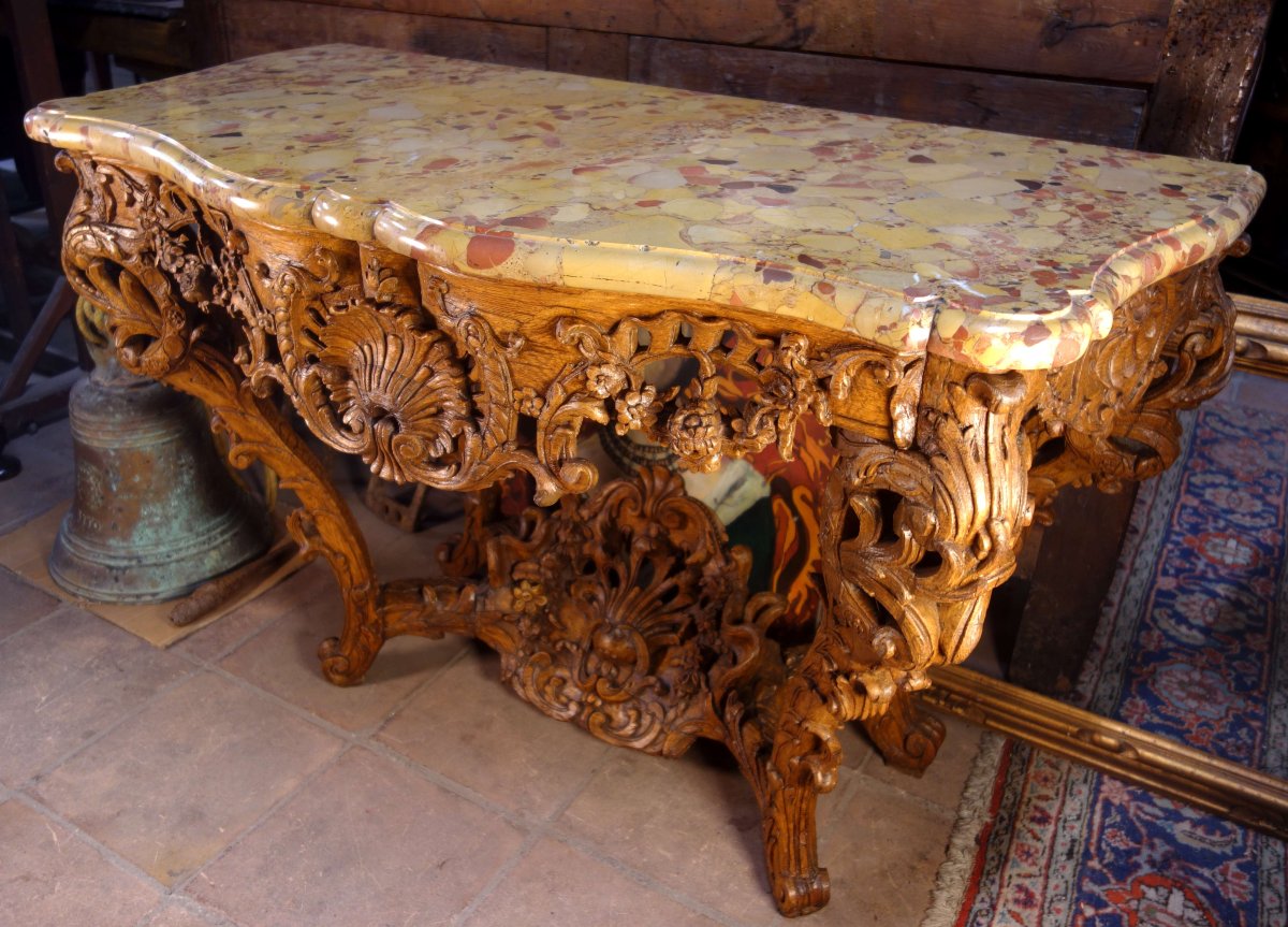 Console d’époque Régence en chêne clair, marbre brèche d’Alep-photo-2