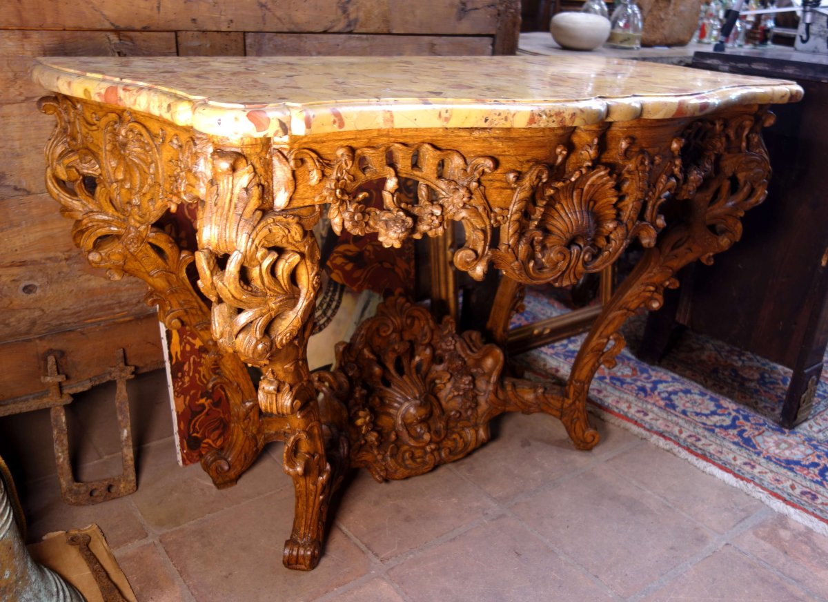 Console d’époque Régence en chêne clair, marbre brèche d’Alep-photo-3